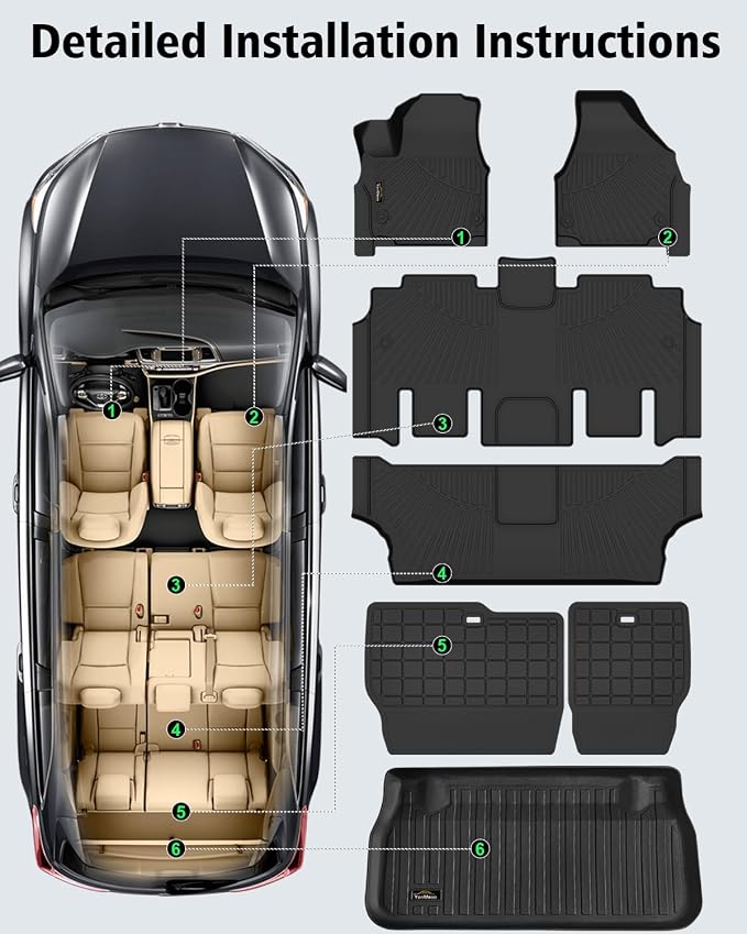 Floor Mats & Cargo Liner for Chrysler Pacifica 2017-2025 2026 Gas 7-Seater Touring (Non Hybrid&Non Pinnacle) All Weather TPE Rubber Trunk Mat Automotive Floor Liners for Pacifica Fuel 2025 Accessories