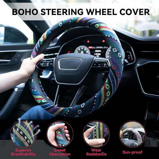 Boho Steering Wheel Cover Elastic Microfiber for Women, Universal Fit 15 inch Car SUV, Hippie Style Protector Cover, Anti-Slip, Breathable, Absorbing Sweat - 02