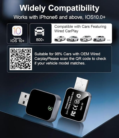 Wireless CarPlay Adapter for iPhone - No Audio Lag, Auto-Connect - Convert Factory Wired to Wireless CarPlay - Bluetooth 5.3 & 5GHz Wi-Fi - Plug & Play (Includes USB A/C)