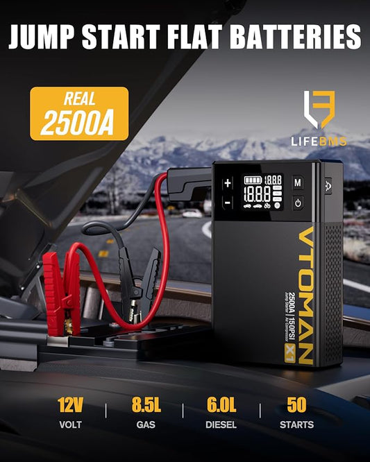 VTOMAN X1 Jump Starter with Air Compressor, Car Battery Jumper Starter (Up to 8.5L Gas/6L Diesel Engine) with 150PSI Auto Tire Inflator, 12V Portable Booster Pack, Lithium Jump Box Charger-Black