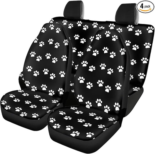 Paw Print Car Seat Covers Full Set,White Animal Pet Claws on Black Cute Animal Footprints Vehicle Front Rear Bench Cushion Protectors Auto Interior Accessories Universal Fit for Trucks Sedans