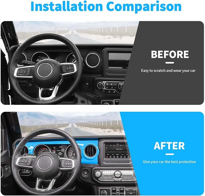 for JL Dashboard Decorative Panel Cover, Center Console Trim Cover Kit Compatible with 2018-2023 Jeep Wrangler JL JLU & Jeep Gladiator JT(Light Blue)