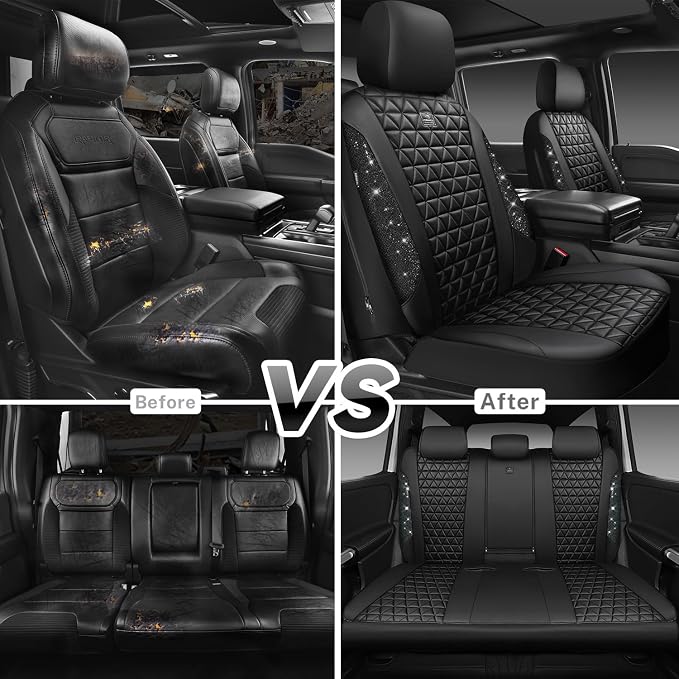CAR PASS Bling Diamond Black Leather Car Seat Covers Full Sets Interior Sets, Waterproof Shining Glitter Sparkly Crystal Universal Armrest Fit Automotive Truck SUV Cute Women Girl, Black PU Rhinestone