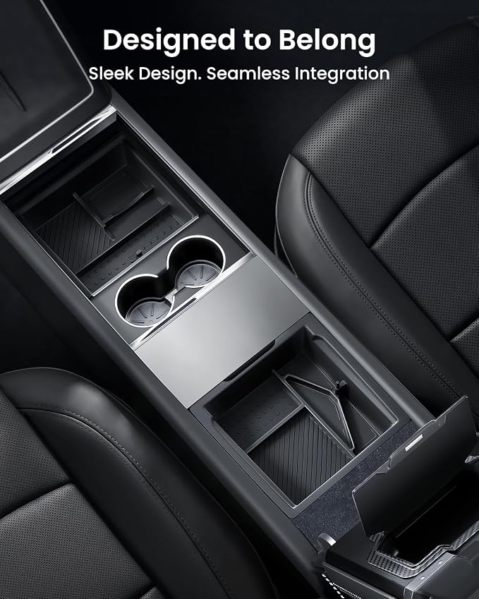 REEVAA Center Console Organizer for Tesla Model Y Juniper 2025-2026 (Premium & Performance), Model 3 Highland 2024-2026 All Trims [Dual-Tier Storage, Seamless Fit], Premium Silicone Liner, 4PCS, Grey