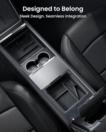 REEVAA Center Console Organizer for Tesla Model Y Juniper 2025-2026 (Premium & Performance), Model 3 Highland 2024-2026 All Trims [Dual-Tier Storage, Seamless Fit], Premium Silicone Liner, 4PCS, Black