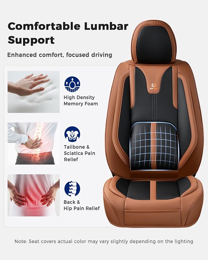 Huidasource Front Seat Covers Luxury Nappa Leather, Driver Seat Cover with Airbag, Front Storage Pocket, Lumbar Support, Cooling＆Heating, Seat Cover Universal Fit for Most Cars SUV Trucks, Brown&Black