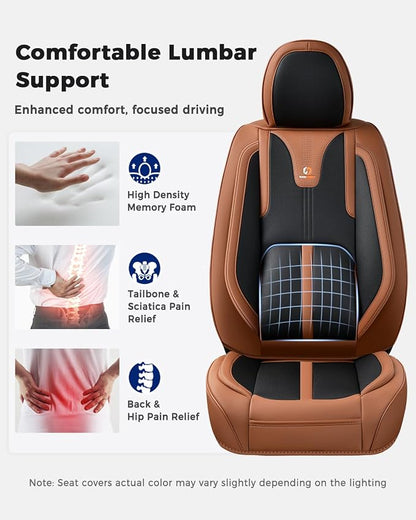 Huidasource Front Seat Covers Luxury Nappa Leather, Driver Seat Cover with Airbag, Front Storage Pocket, Lumbar Support, Cooling＆Heating, Seat Cover Universal Fit for Most Cars SUV Trucks, Brown&Black