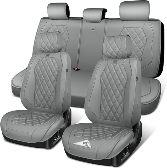 CAR PASS Luxury Nappa Leather Seat Covers Full Set, 3D Rhombus Waterproof Faux Leather Seat Covers, Universal Automotive Seat Cushion Fit for Most Sedan SUV Truck Van, Armrest Airbag Compatible Gray