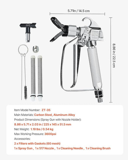 VEVOR Airless Paint Spray Gun, 3600PSI High Pressure Airless Paint Sprayer Gun with 517 Tip, Swivel Joint Airless Spray Gun Kit with Filters, Cleaning Needle and Brush, for Airless Spraying Machine