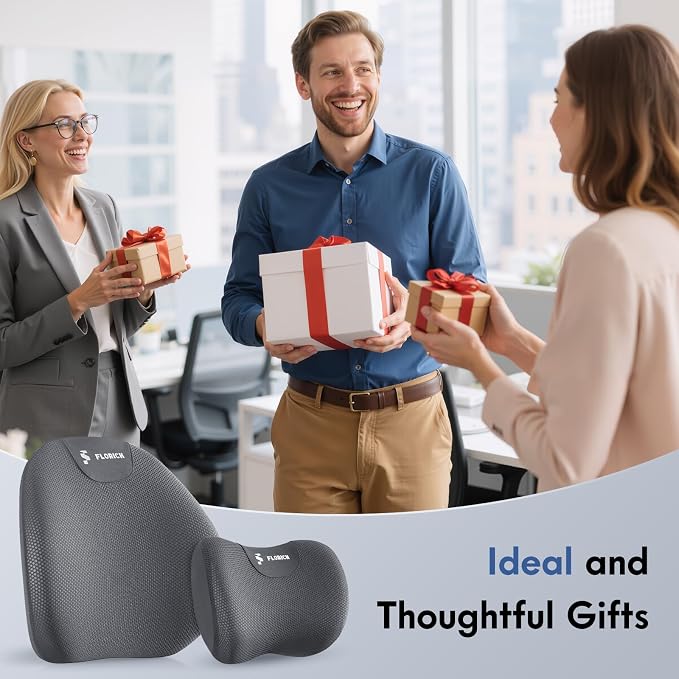 FLORICH Lumbar Support Pillow and Neck Pillow for Office Chair Car, Ergonomic Memory Foam Back Support for Office Gaming Chair Driving Seat Wheelchair, Relieves Neck, Back & Sciatica Pain – Grey