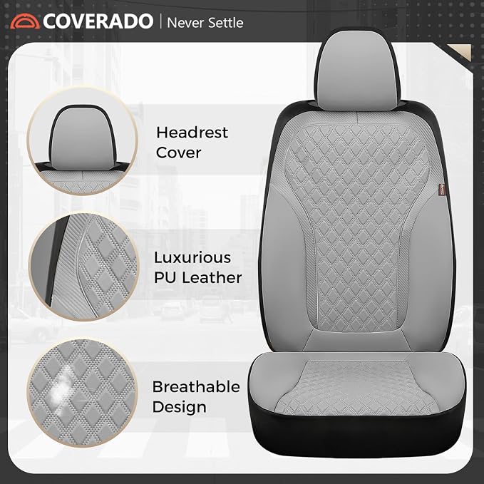 Coverado Car Seat Covers for Front Seats, Luxury Diamond Leather Car Seat Cover with Carbon Fiber Weave, Waterproof Automotive Seat Protectors 2-Pack, Driver Seat Covers Universal Fit Most Cars,Gray