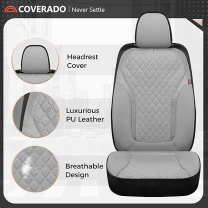 Coverado Car Seat Covers 5 Seats, Luxury Diamond Leather Seat Covers Full Set, Carbon Fiber Textured Design, Durable Waterproof Seat Protectors, Automotive Seat Covers Universal Fit Most Cars, Gray