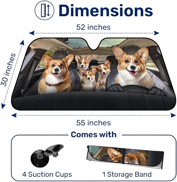 GENANY Cute Corgi Dog Family Funny Windshield Sun Shade for Car SUV Truck (55x30 Inches), Sun Shade for Front Windows, Protector Blocks UV, Spring Car Decor