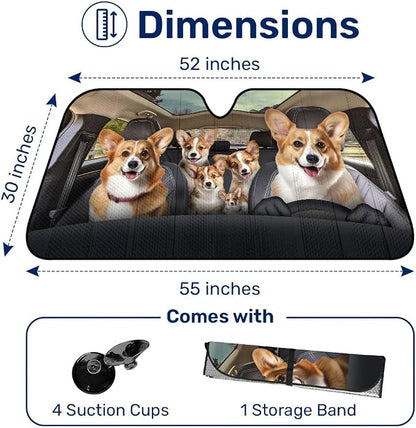 GENANY Cute Corgi Dog Family Funny Windshield Sun Shade for Car SUV Truck (55x30 Inches), Sun Shade for Front Windows, Protector Blocks UV, Spring Car Decor