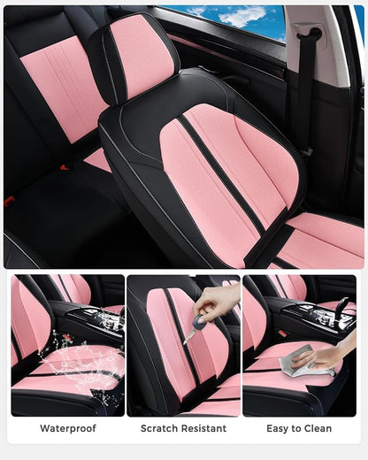 Huidasource Seat Covers Full Set, Luxury Faux Leather Seat Covers, Velcro Adjustable, with Airbags, Thinning Design Perforation Cooling＆Heating Universal Fit for Most Cars Vans Trucks SUVs, Black&Pink