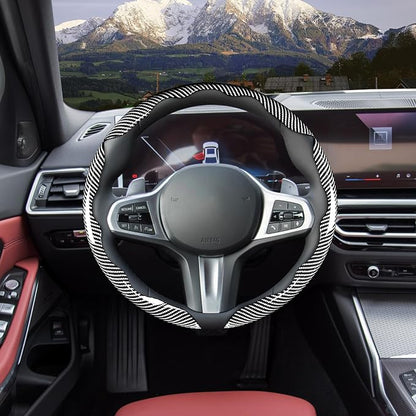 Car Steering Wheel Cover Set Bright Carbon Fiber Wrap Non-Slip 3pcs Steering Wheel Accessories 14.5-15 inch Universal (Silver)