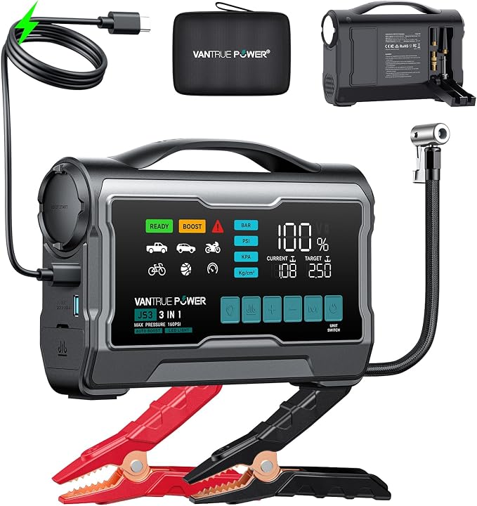 JS3 Real 3250A Jump Starter with Air Compressor 160PSI, 12V Car Battery Booster with Display, Jump Box with Light, Support 65W Fast Charging Power Bank, 10L Gas/8L Diesel Engines