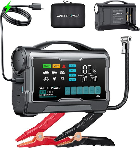 JS3 Real 3250A Jump Starter with Air Compressor 160PSI, 12V Car Battery Booster with Display, Jump Box with Light, Support 65W Fast Charging Power Bank, 10L Gas/8L Diesel Engines