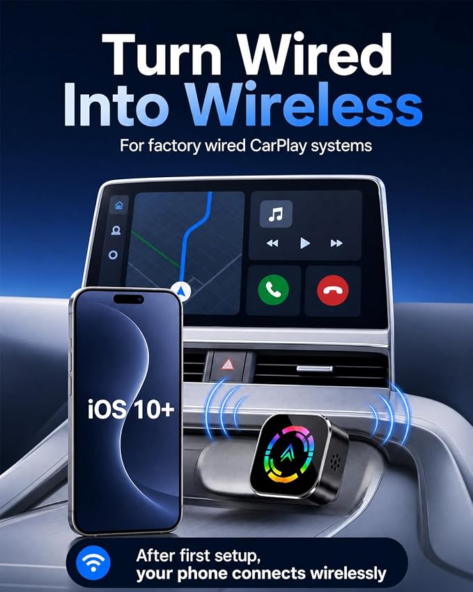 Wireless CarPlay Adapter,Car Play Wireless Adapter, 2-in-1 CarPlay Car Adapter Dongle, Convert Factory Wired Apple CarPlay to Wireless, Ultra-Mini Plug & Play, Includes USB C & USB-A