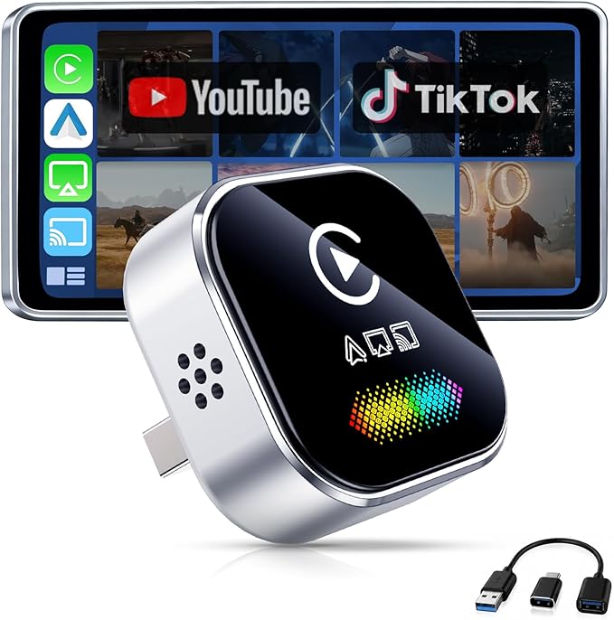 Wireless CarPlay Adapter for iPhone – 2026 4-in-1 Dongle with AirPlay & Screen Mirroring, Low Latency, 5-Second Auto Connect for Wired Cars, Includes USB A/C（Silvery）