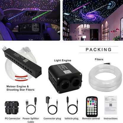 AZIMOM Dual Color 20w Twinkle Fiber Optic Starlight Headliner Kits 900pcs 0.03in 9.8ft, RGB Meteor Shooting Star, Sound Activated Remote APP Control Home Car Ceiling Décor
