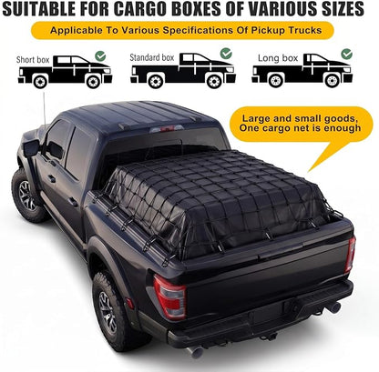 Breling 4 in 1 Cargo Net for Pickup Truck Bed 4'x4' Stretches 8'x8' with Black Waterproof Pickup Truck Bed Tarp 5'x5' Heavy Duty Cargo Net Cover and Tie Down System 12 Clips 1 Bag for SUV Trailer