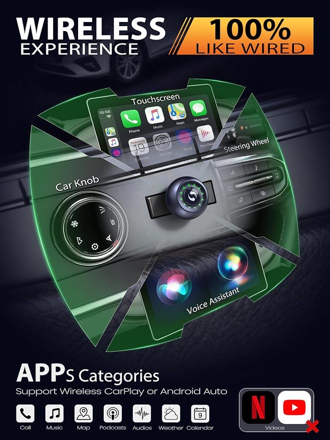 Wireless CarPlay Adapter & Android Auto Adapter, One-Click User Switch, Fast & Stable, Converts Wired to Wireless, Stable Connection Car Play Dongle for iOS 10+ / Android 11+ (Purple)
