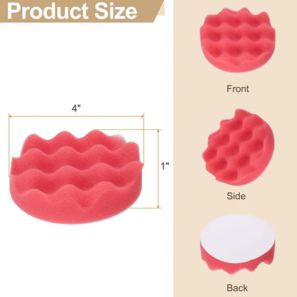 HARFINGTON 3pcs Buffing Sponge Pads 4" Polishing Wheel Waffle Finishing Grip Pad Car Buffer Polisher with Hook and Loop Back for Car Detailing Polishing Waxing, Red