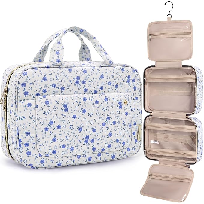 BAGSMART Toiletry Bag Travel Bag with Hanging Hook, Water-resistant Makeup Cosmetic Bag Travel Organizer for Accessories, Shampoo, Full-size Container, Toiletries (Blue Ditsy Floral, Medium