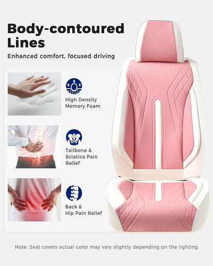 Huidasource Car Seat Covers Full Set, Universal Fit for Most Cars SUV Trucks, Full Coverage Nappa Leather Seat Cover, Airbag, Cupholder Compatible, Seat Function Retain, White&Pink
