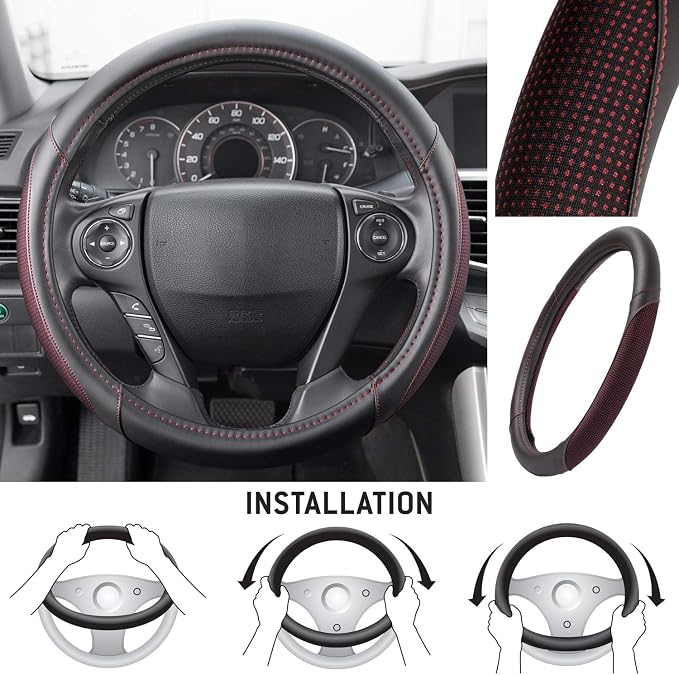 Motor Trend Wine Steering Wheel Cover - Dotted Comfort Polyester Grip on Stitched Synthetic Leather, Wine Stitching/Black