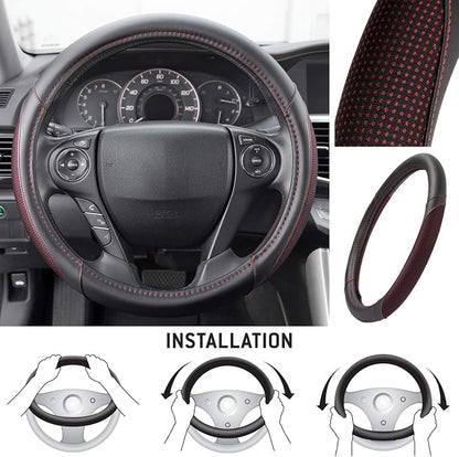 Motor Trend Wine Steering Wheel Cover - Dotted Comfort Polyester Grip on Stitched Synthetic Leather, Wine Stitching/Black