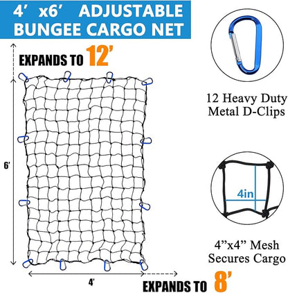 Funmit 4 x 6 Ft Cargo Net for Roof Basket and Pickup Bed, Nice Elasticity Stretches to 8 x 12 Ft with 24 Carabiners, Bungee Cargo Netting Design for Most Car Models
