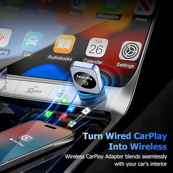 Wireless CarPlay Adapter for iPhone, 2026 Upgraded Carplay Dongle Converts Wired to Wireless, Plug & Play Auto Connect, Mini USB CarPlay Adapter, Stable No Latency Connection Compatible with iOS 10+