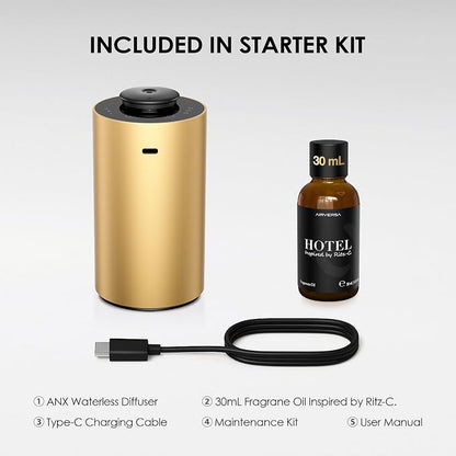 Waterless Essential Oil Diffuser Starter Kit with 30mL Hotel Scent Fragrance Oil Inspired by Ritz-C., Battery Operated Premium Portable Mini Scent Air Machine for Home Car Office, Gold ANX