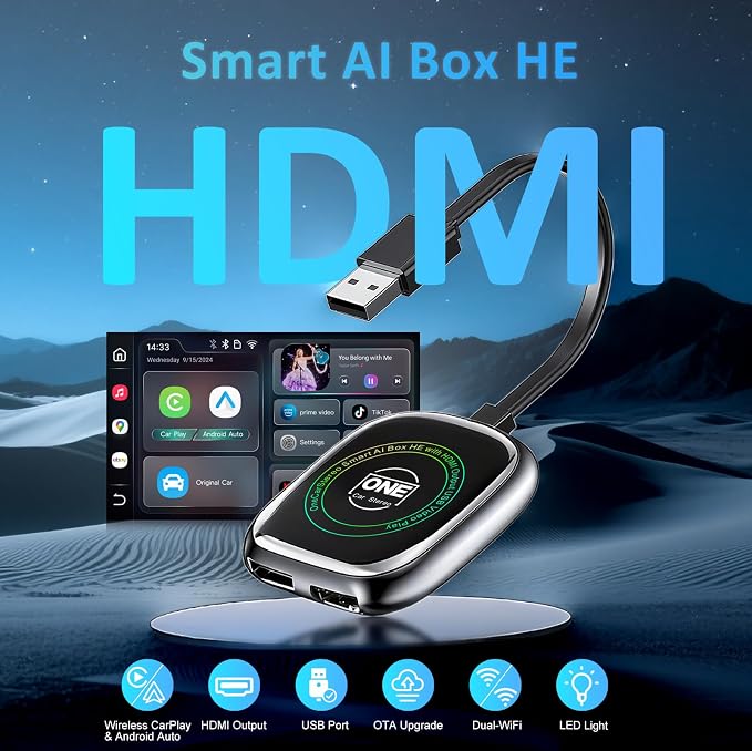 5-in-1 OneCarStereo Wireless CarPlay Adapter Smart AI Box HE with HDMI-Out/USB-Input, Android Auto Video Box Stream OEM Wired Car Play YouTube Netflix TikTok, Dual Band WiFi with OTA Update