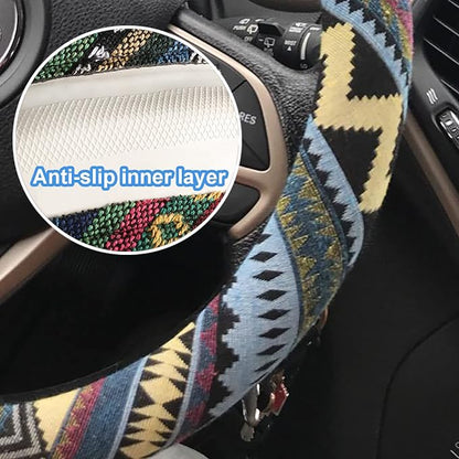 Boho Steering Wheel Cover for Women Men Baja Blanket Enthic Car Steering Wheel Cover Ethnic Car SUV Wheel Protector, Breathable, Anti-Slip, Odorless, Universal Fit 14.5-15 Inch