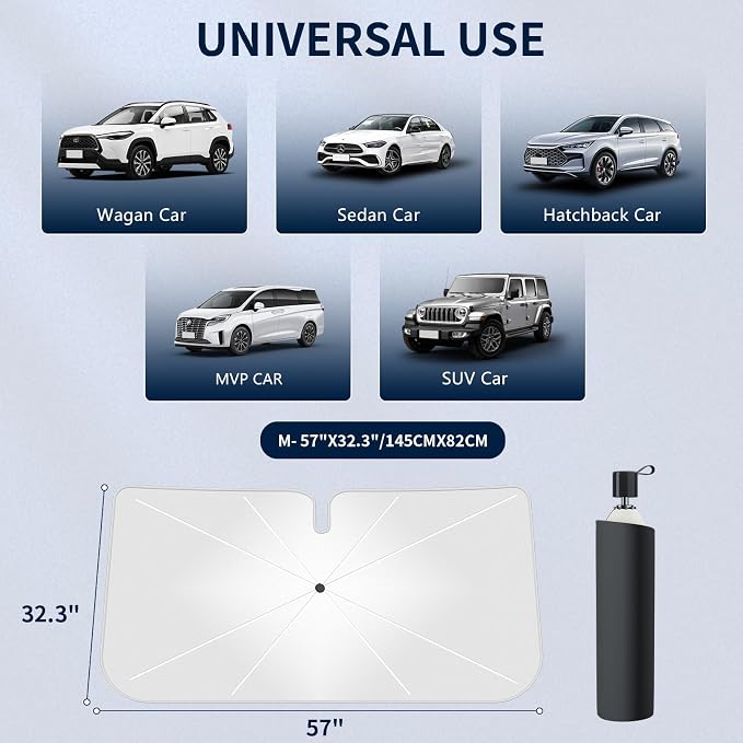 Tecoom Umbrella Sun Shade for Car Windshield 57"x32", Upgrade Double Heat Shield Coating, Front Vehicle Window Visor Sunshade Cover Universal for Sedan SUV, Automotive Interior Sun Protection UV Block