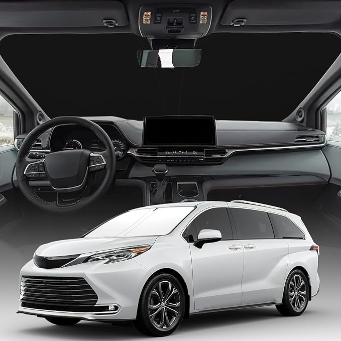 Windshield Sun Shade for 2021-2026 Toyota Sienna Foldable Front Window Sunshade Premium 310T Polyester Block UV Rays and Heat Insulation Protection Keep Vehicle Cool