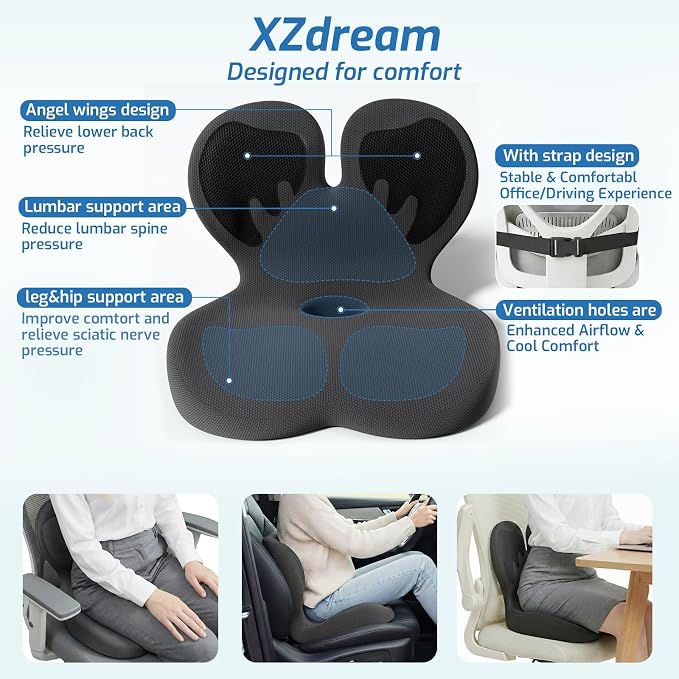 Seat Cushion,Office Chair Cushion with Lumbar Support,Memory Foam Car Orthopedic Cushion,Ergonomic Designed for Long Sitting,Tailbone & Back Pain Relief,Sciatica Pillow for Office,Car,Home Chair