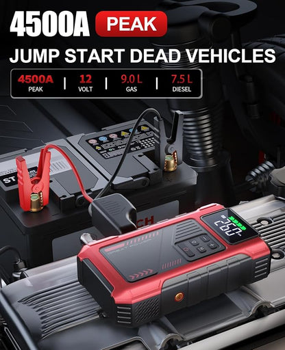 4500A Car Jump Starter with Air Compressor, Portable Battery Charger Jumpstart 12V Vehicle, Power Pack with 150PSI Tire Inflator for 9.0L Gas/7.5L Diesel Engines Jump Box with Light and Jumper Cable
