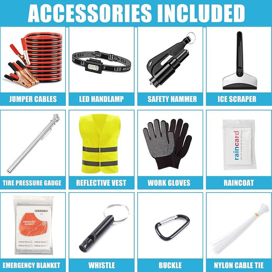 Roadside Emergency Kit Car Safety Kit with Jumper Cables Car Kits for Emergency, Black