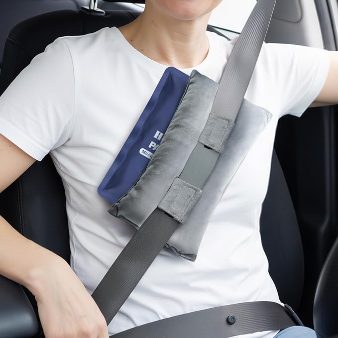 Post Surgery Seat Belt Pillow with Ice Pack, Seatbelt Cushion for Mastectomy, Heart Surgery, C-Section & Hysterectomy Recovery, Chemo Port Protector, Seatbelt Pad with Pocket (Grey)