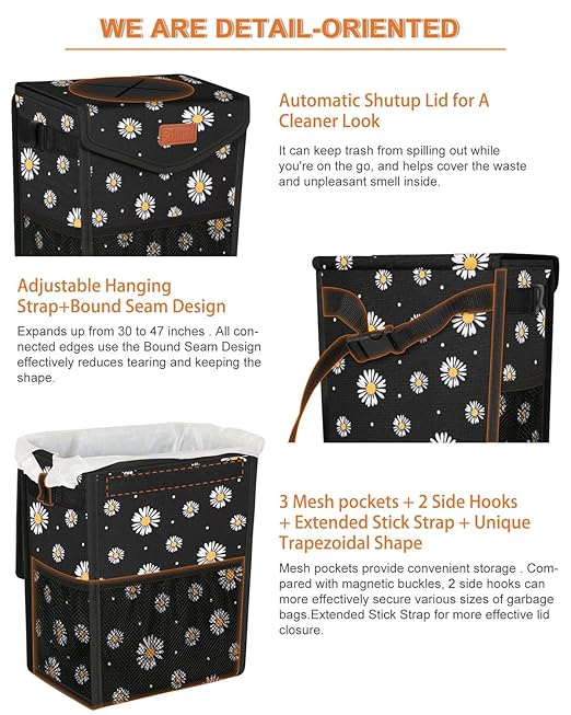 Pritent Car Trash Can with Lid, Cute Leakproof Car Trash Garbage Bag Hanging Vehicle Trash Bin Small Portable Automotive Garbage Cans Organizer for Back/Front Seat/Console(Trapezoid,Black Flower)