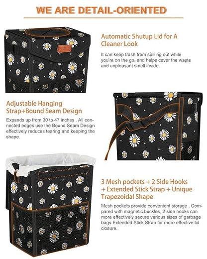 Pritent Car Trash Can with Lid, Cute Leakproof Car Trash Garbage Bag Hanging Vehicle Trash Bin Small Portable Automotive Garbage Cans Organizer for Back/Front Seat/Console(Trapezoid,Black Flower)