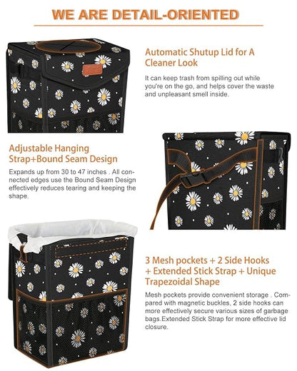 Pritent Car Trash Can with Lid, Cute Leakproof Car Trash Garbage Bag Hanging Vehicle Trash Bin Small Portable Automotive Garbage Cans Organizer for Back/Front Seat/Console(2.8 Gallons,Black Flower)
