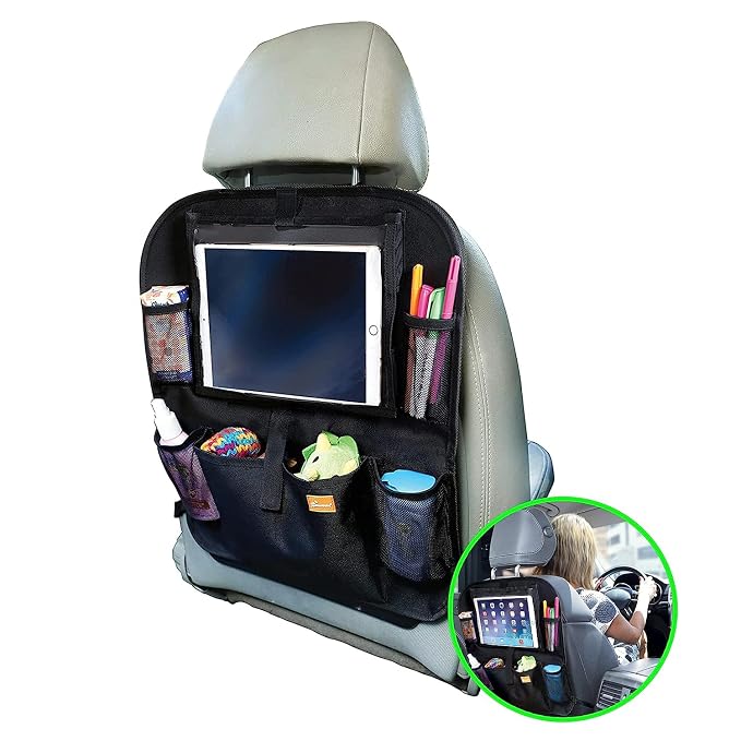 Dreambaby Backseat Car Organizer & Storage - Back Seat Protector - with 4 Mesh Pocket & Toy Pouch - Suits Tablet Screen Size up to 10.5 Inch/ 26.7cm - Black - Model L1216