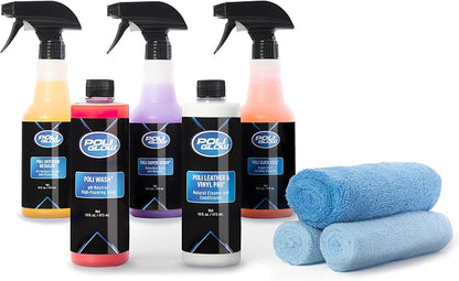 Poli Glow® 16 oz Vehicle Detailing Kit – All-in-One Cleaner & Protectant Set for Cars, Boats & RVs – Includes Interior, Exterior, Leather & Ceramic Detailers + Microfiber Towels – 7-Piece Kit