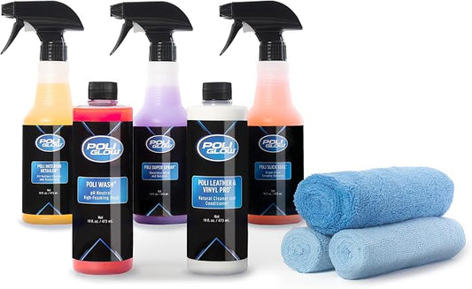 Poli Glow® 16 oz Vehicle Detailing Kit – All-in-One Cleaner & Protectant Set for Cars, Boats & RVs – Includes Interior, Exterior, Leather & Ceramic Detailers + Microfiber Towels – 7-Piece Kit