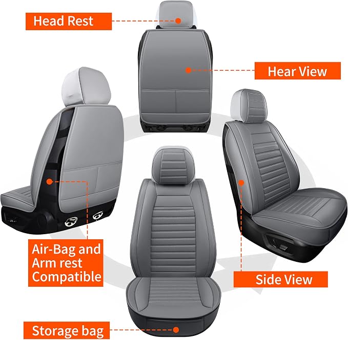 HChengkikz Leather Car Seat Covers, Waterproof Horizontal Stripes Front and Rear Car Seat Cover, Breathable Automotive Seat Covers for Sedan SUV Pick-up Truck (5 PCS Full Set, Grey)